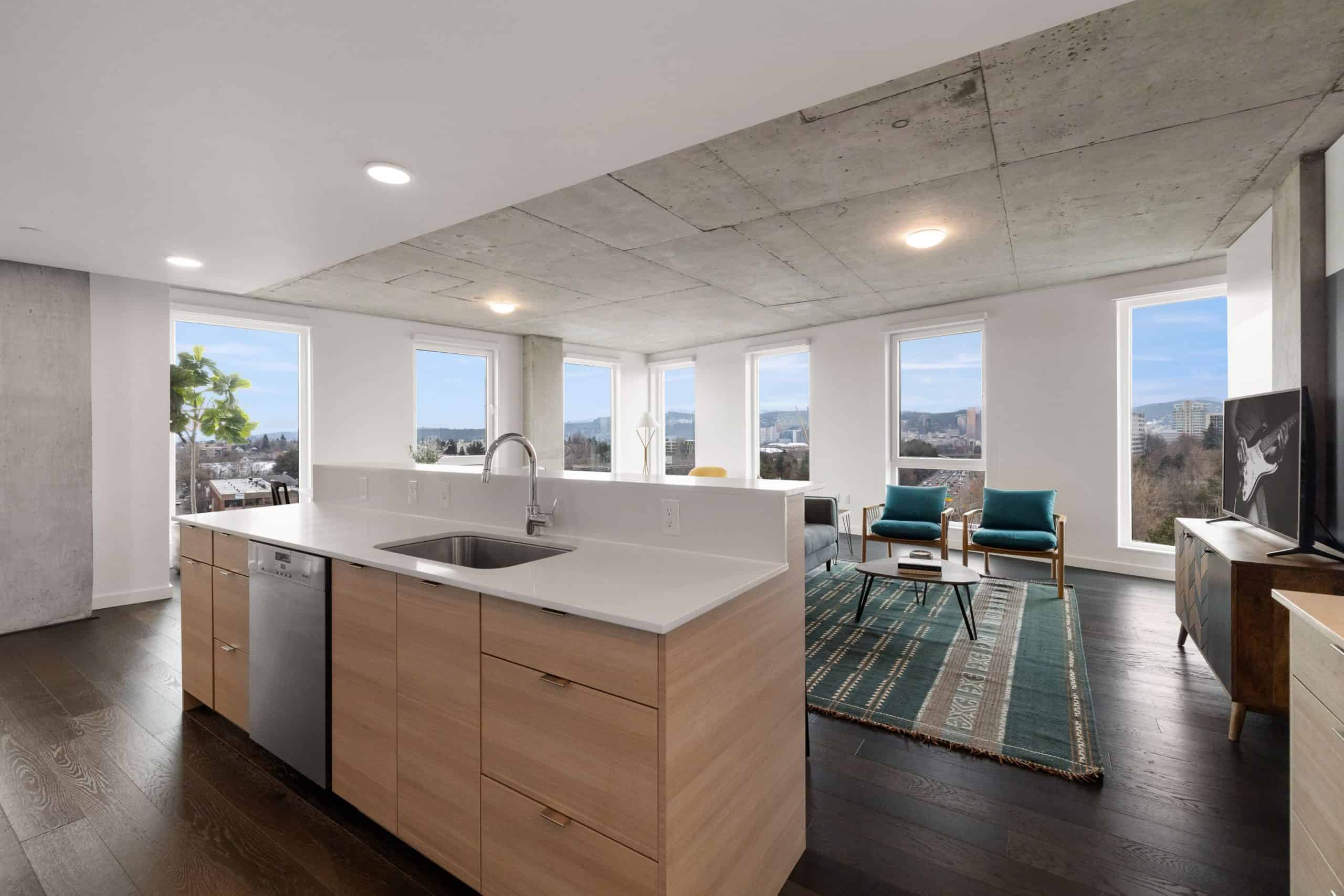 Penthouse kitchen and living area